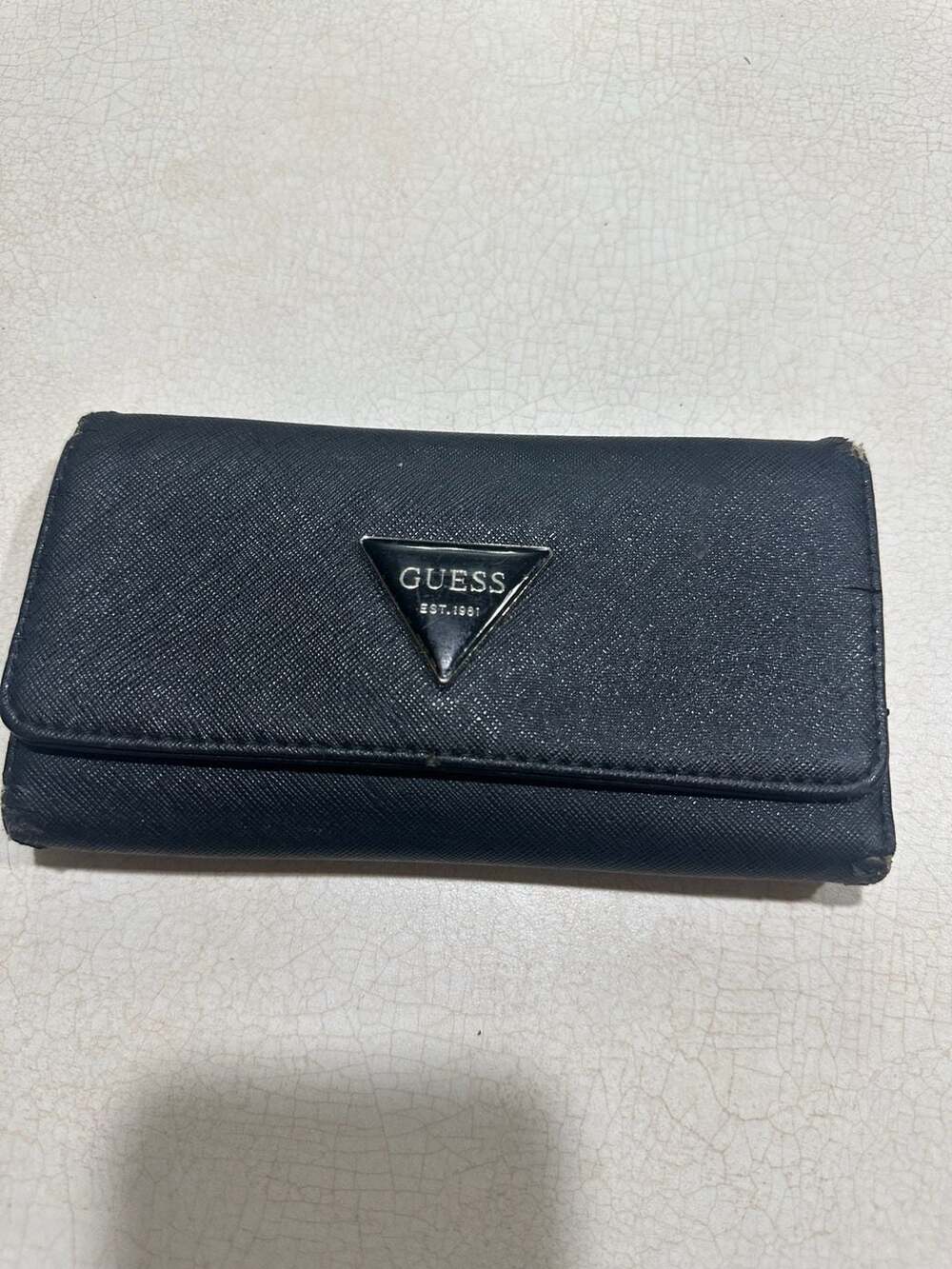 GUESS Abree Saffiano Trifold Snap Clutch Wallet in Black